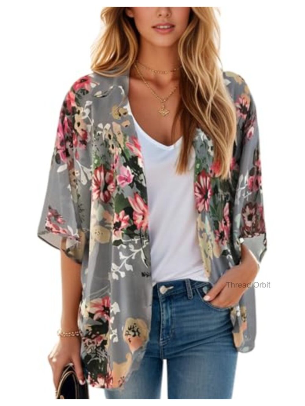 Floral Print Puff Sleeve Kimono Cardigan Loose Cover Up Blouse